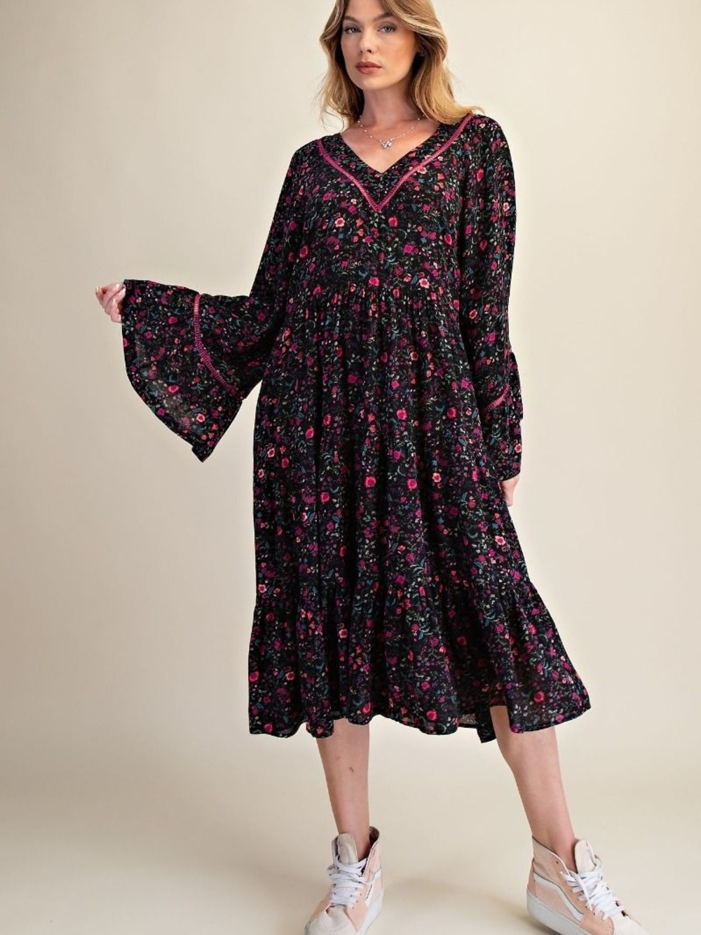 3-0920 EASEL Floral V-Neck Long Sleeve Midi Dress in Black with Pink Accents